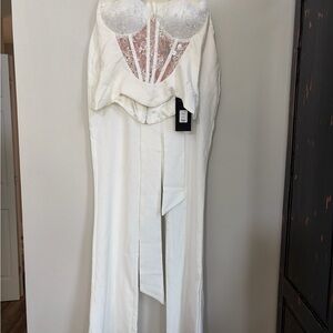 White Lace-Detail Pantsuit with Corset Bodice